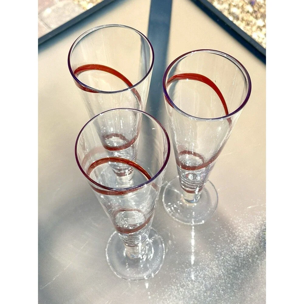 3 Pier 1 Imports Red Swirline Ribbon Swirl Red Pilsner Beer Fluted Glasses Tall